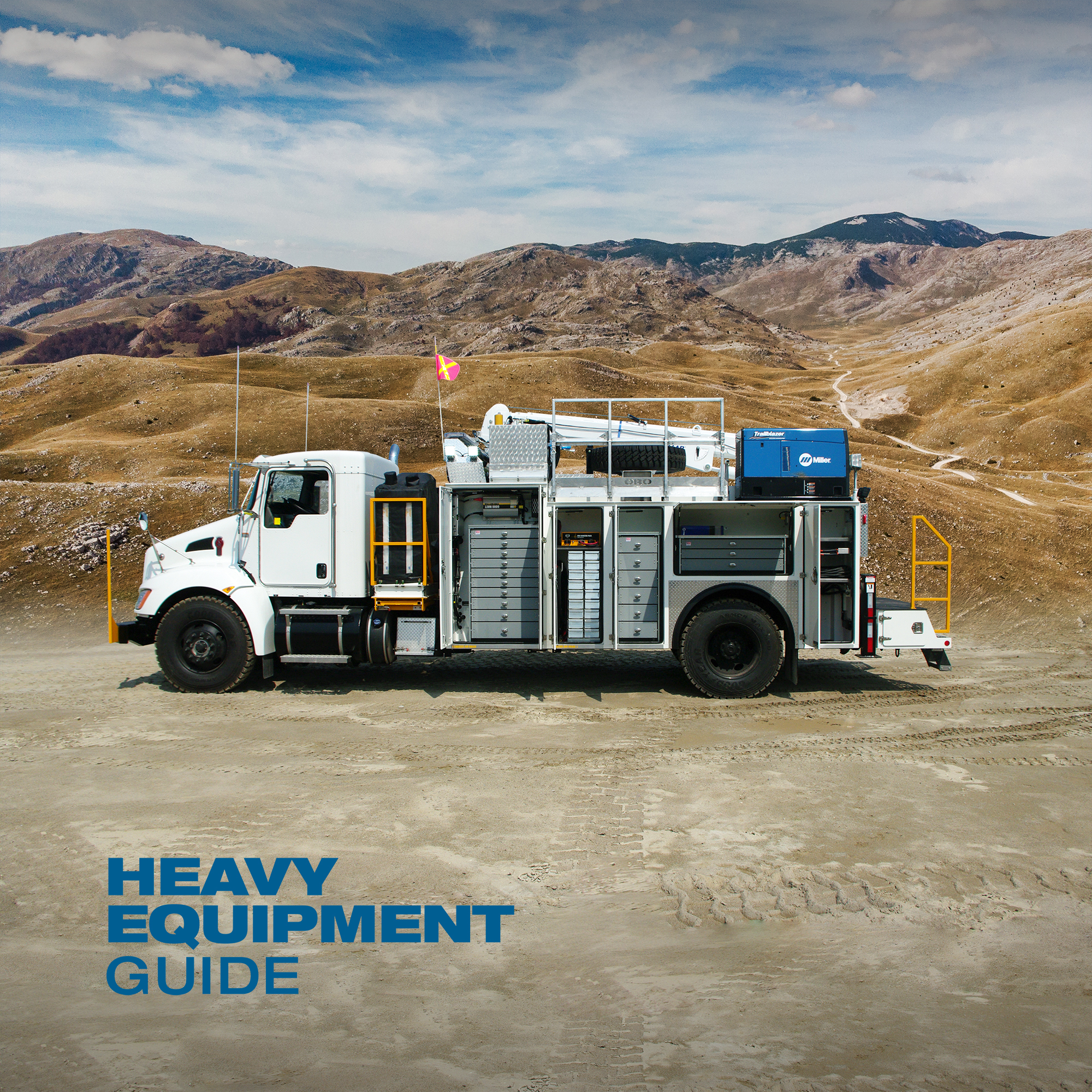 Heavy Equipment Guide magazine logo with ORO 14M6 mechanic service truck on Kenworth T440 with a Stellar&reg; 12630 telescopic mechanic crane.