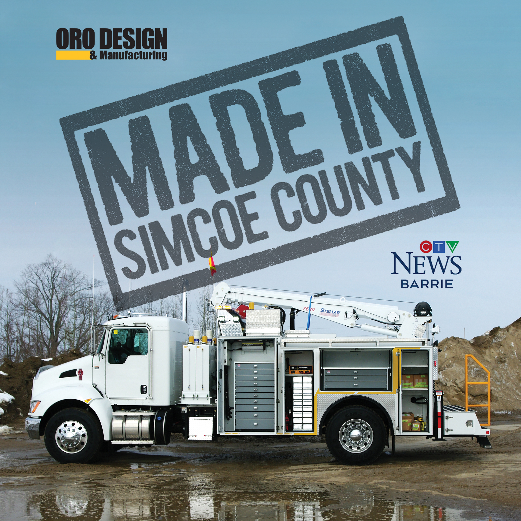 ORO Design & Manufacturing Ltd. made in simcoe county campaign image with ORO 12M6 mechanic service truck body with 2LD mobile lubrication deck on a Kenworth T370 chassis with a Stellar&reg; 7630 telescopic mechanic crane.
