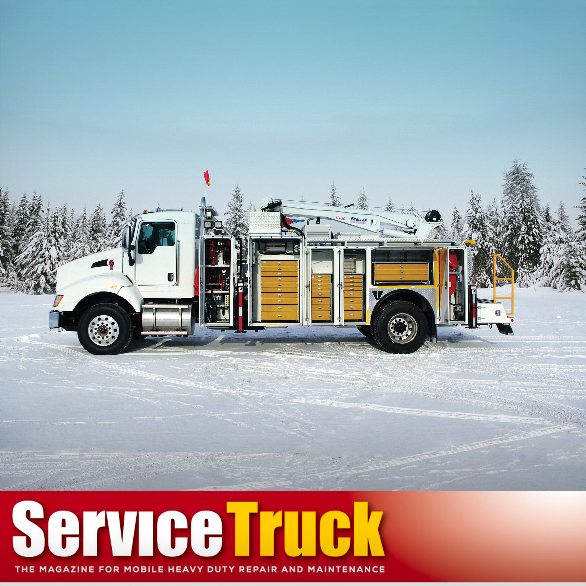 Service Truck magazine logo with ORO 14M6 mechanic service truck on Kenworth T440 with a Stellar&reg; 12630 telescopic mechanic crane.